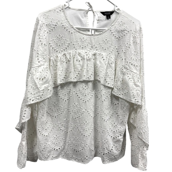 Simply Vera Wang White Eyelet Cotton Ruffle Long Sleeve Keyhole Back Blouse L - Picture 3 of 16